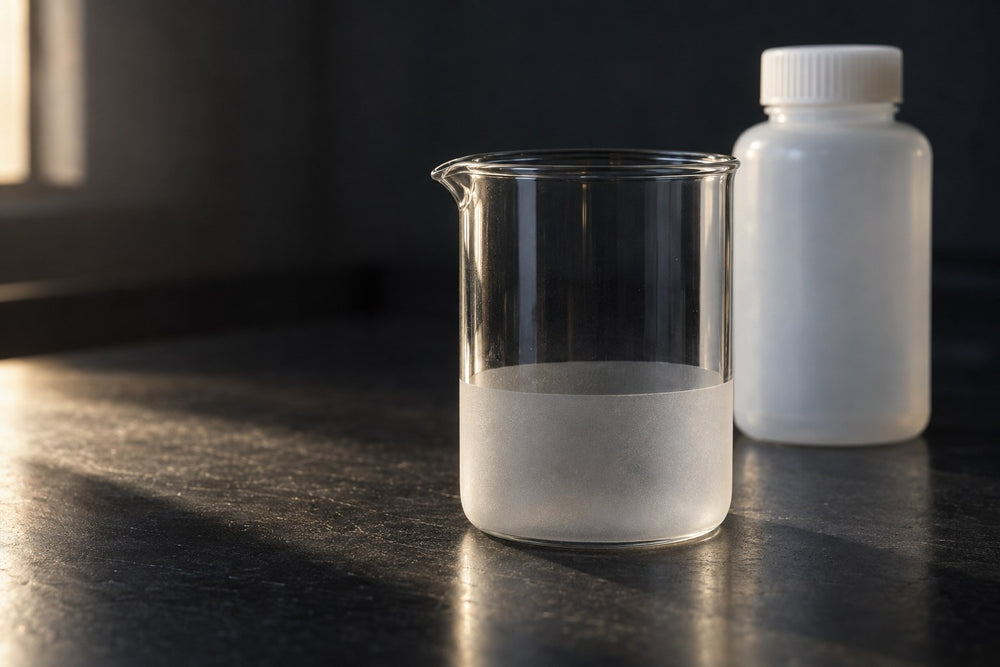 A glass beaker with a frosted, etched lower band beside a plain white plastic lab bottle on a dark bench