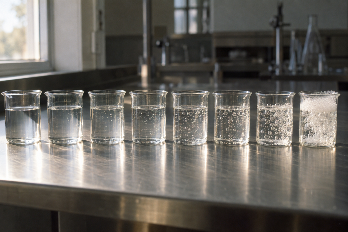 Eight laboratory beakers of hydrogen peroxide in a row, the liquid progressively more effervescent from left to right, illustrating the concentration ladder from 3% to 30%.