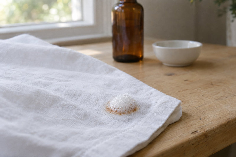 Corner of a white cotton sheet on an oak table by a window, with a small rust-brown blood stain under a dome of white hydrogen peroxide foam and an amber bottle behind