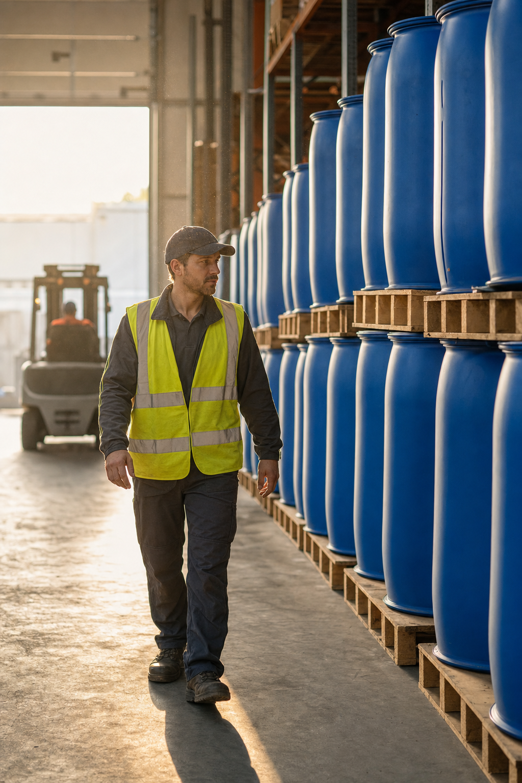 Warehouse worker in hi-vis vest beside drum racks with a forklift in the background