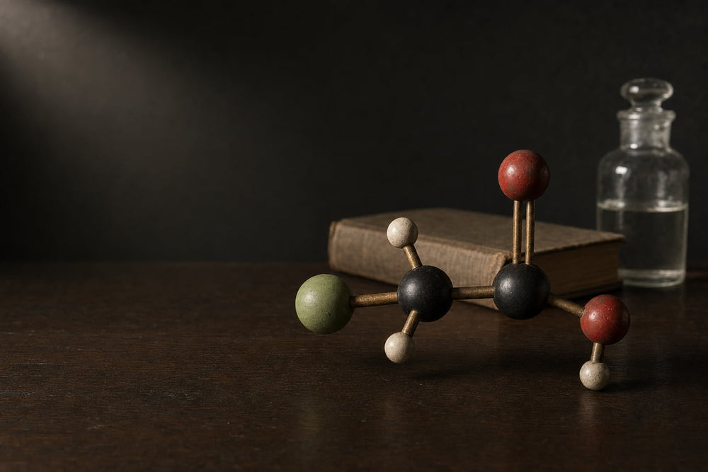 An antique wooden ball-and-stick model of chloroacetic acid, with a green chlorine atom, two black carbons and two red oxygens, on a dark wooden bench beside a closed old cloth-bound book and a small glass stoppered bottle of clear liquid
