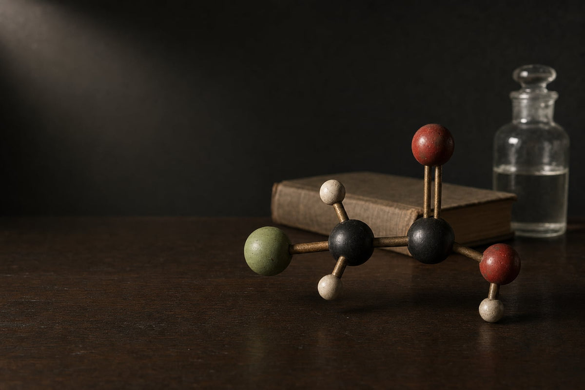 An antique wooden ball-and-stick model of chloroacetic acid, with a green chlorine atom, two black carbons and two red oxygens, on a dark wooden bench beside a closed old cloth-bound book and a small glass stoppered bottle of clear liquid