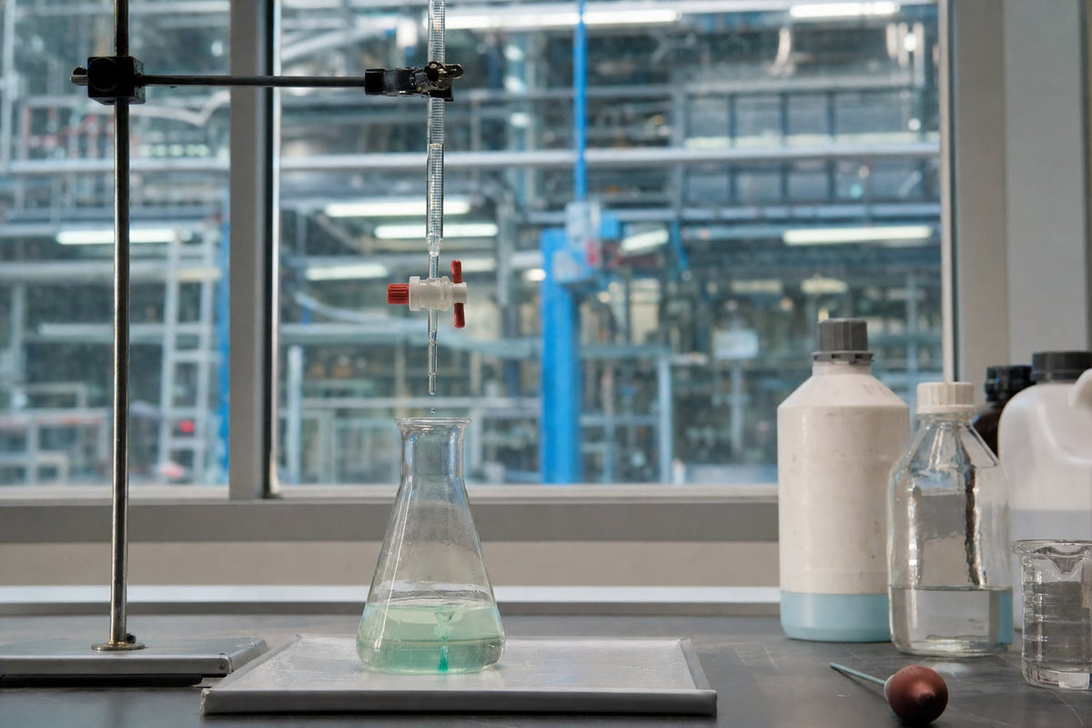 A burette titration reaching its endpoint over a flask of coolant at an industrial QC bench, measuring reserve alkalinity.