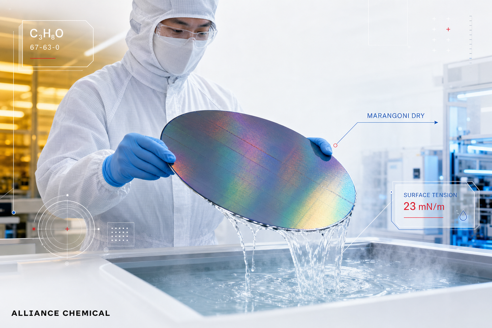 Cleanroom technician lifting an iridescent silicon wafer from an ultrapure-water bath with water sheeting off, illustrating IPA Marangoni vapor drying in semiconductor manufacturing.
