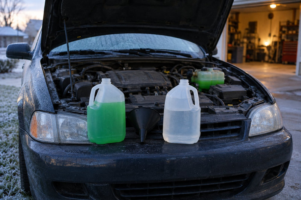 A car with its hood open in a frosty driveway at dawn, with an unmarked jug of green antifreeze concentrate, a funnel and a jug of clear water lined up on the front bumper
