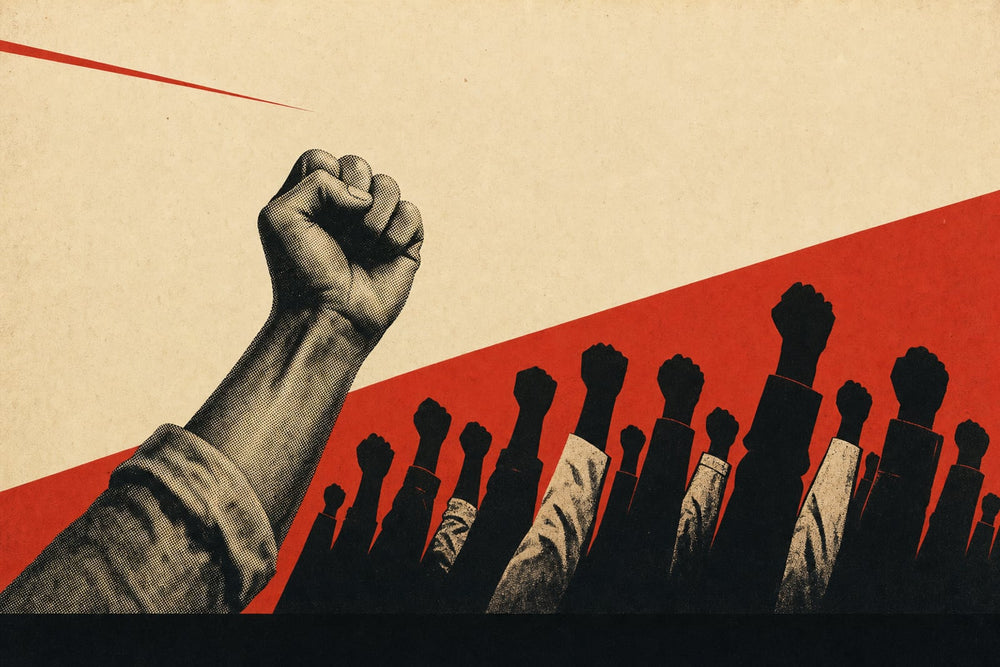 A 1920s-style screen-printed poster in red, black and cream: a raised fist with a rolled work-shirt sleeve rises beside a crowd of raised arms in lab coats, work shirts, suit cuffs and welding gloves