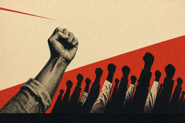 A 1920s-style screen-printed poster in red, black and cream: a raised fist with a rolled work-shirt sleeve rises beside a crowd of raised arms in lab coats, work shirts, suit cuffs and welding gloves