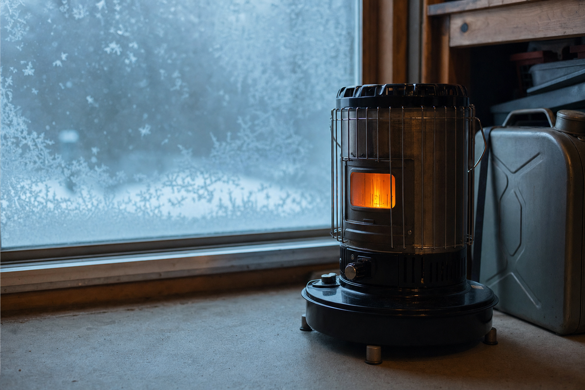 A portable kerosene heater glowing warm orange inside a workshop while the window behind it shows a frosted blue winter dawn, illustrating indoor heating with K-1 kerosene.