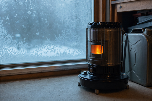 A portable kerosene heater glowing warm orange inside a workshop while the window behind it shows a frosted blue winter dawn, illustrating indoor heating with K-1 kerosene.