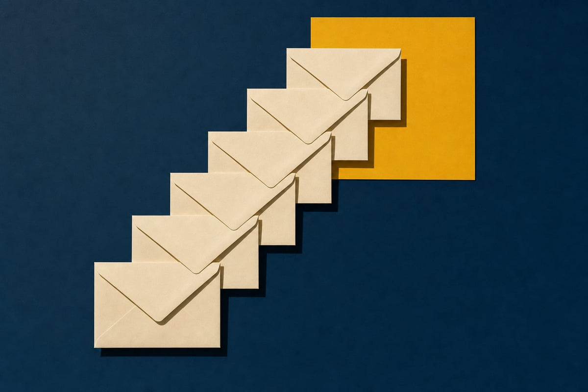 Six identical blank cream envelopes laid in a staggered staircase on a navy surface, rising toward a mustard-yellow square