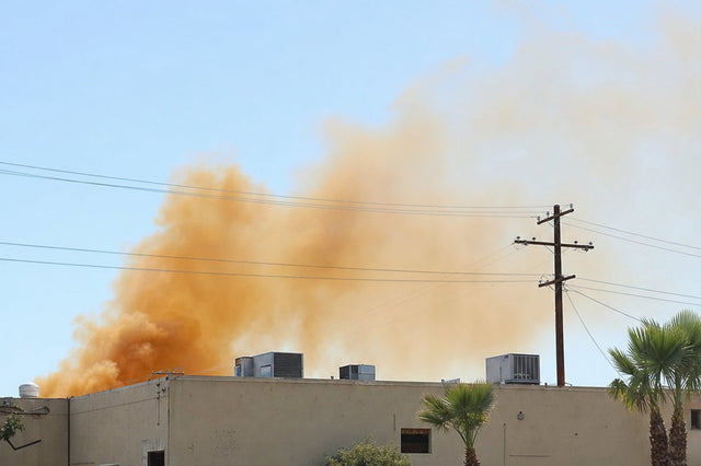 An orange-brown plume rising from behind the flat roof of a beige industrial building under a clear noon sky in Southern California