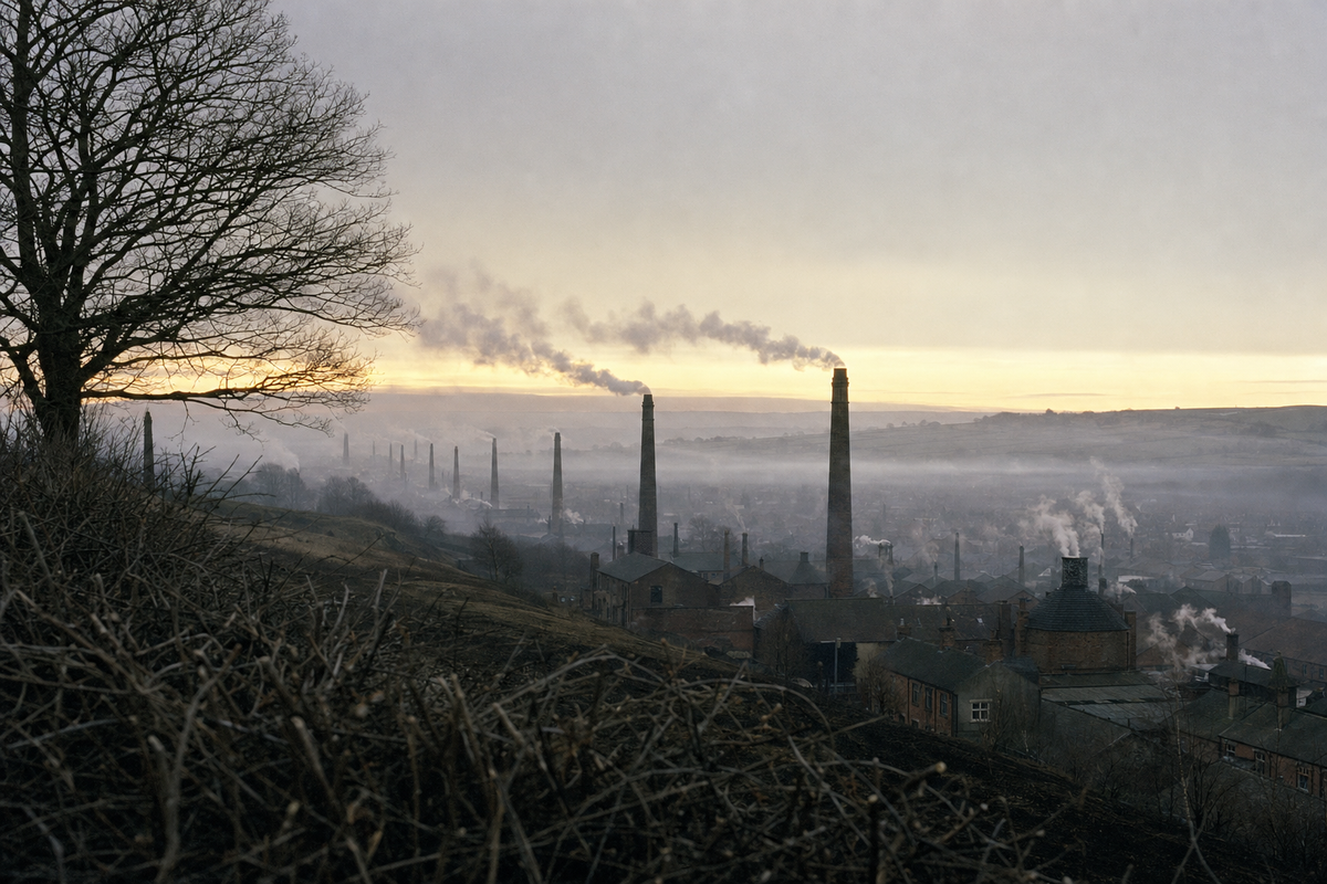 A nineteenth-century alkali manufacturing district at cold winter dawn: a receding line of tall brick chimneys trailing vapour that flattens into a sheet of haze over the valley, framed by bare trees.