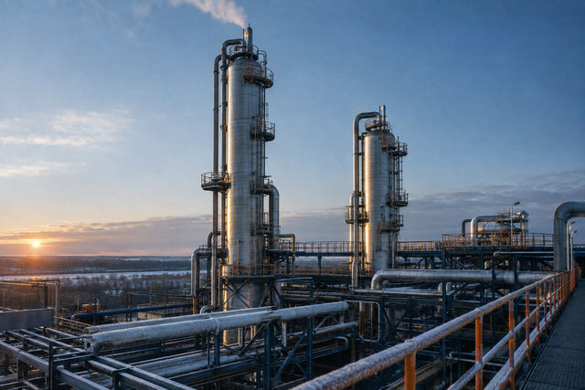 Stainless steel absorber and stripper columns of an amine gas-treating plant rising above insulated process piping at first light, with frost on the handrails and a faint vapour plume from the taller column