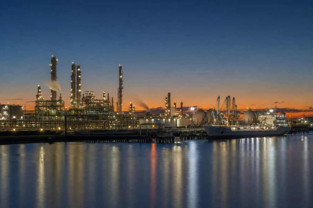 A gas-to-methanol chemical complex on the US Gulf Coast at dusk, seen across a ship channel: a chemical tanker at a lit loading jetty, reformer stacks and storage tanks behind it under a blue-hour sky