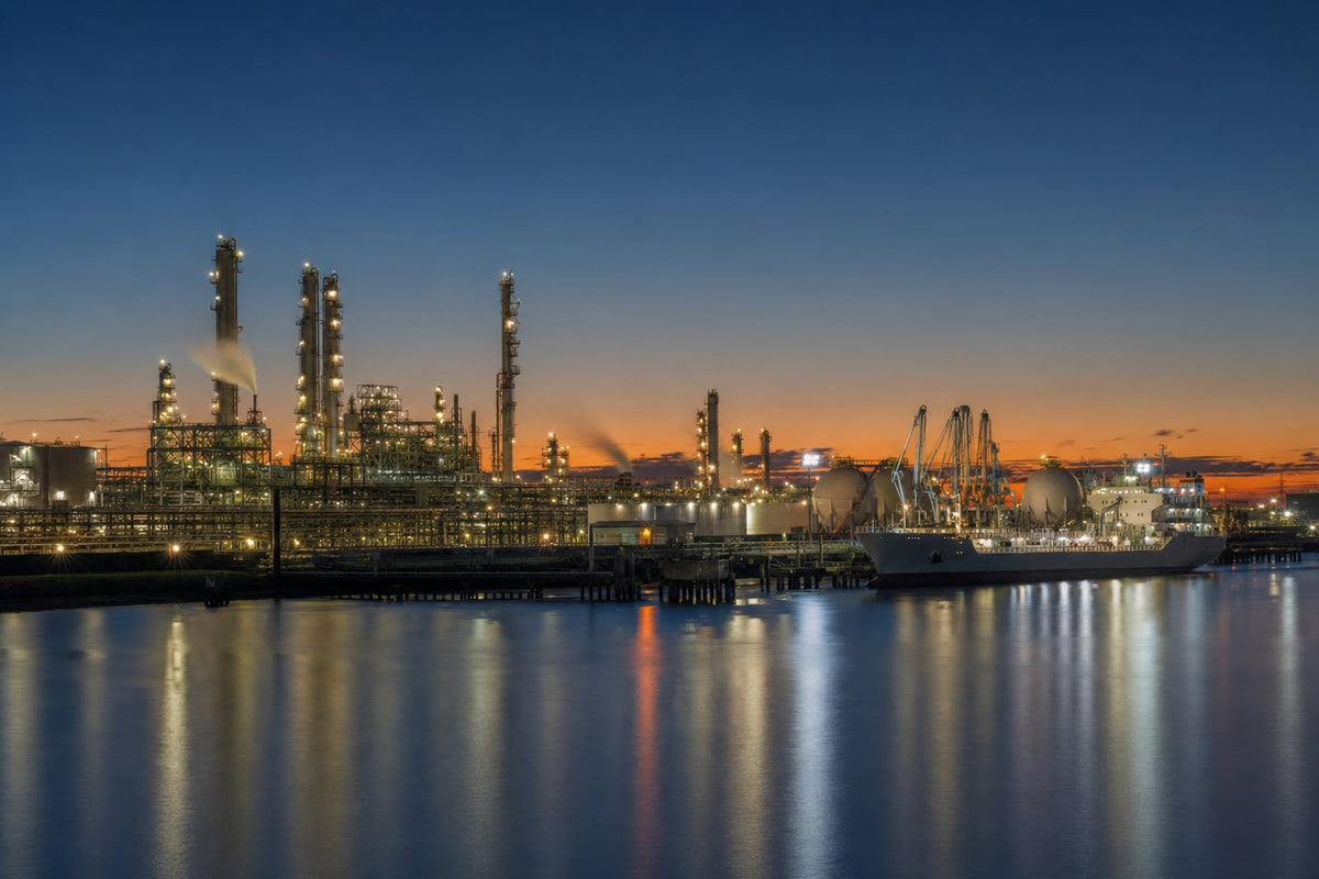 A gas-to-methanol chemical complex on the US Gulf Coast at dusk, seen across a ship channel: a chemical tanker at a lit loading jetty, reformer stacks and storage tanks behind it under a blue-hour sky