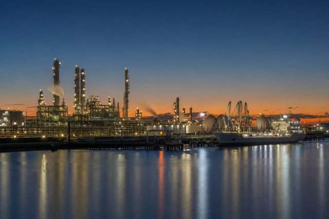 A gas-to-methanol chemical complex on the US Gulf Coast at dusk, seen across a ship channel: a chemical tanker at a lit loading jetty, reformer stacks and storage tanks behind it under a blue-hour sky