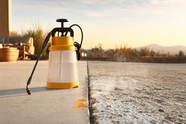 A pump sprayer on a concrete patio, smooth on one side and acid-etched, pitted and chalky on the other