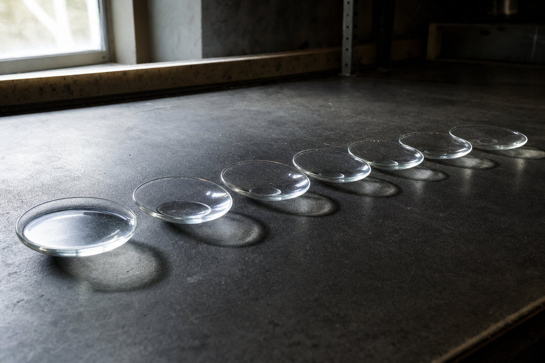 Seven identical unlabeled glass dishes in a row on a dark laboratory bench, each holding progressively less clear solvent, illustrating a relative evaporation rate scale.