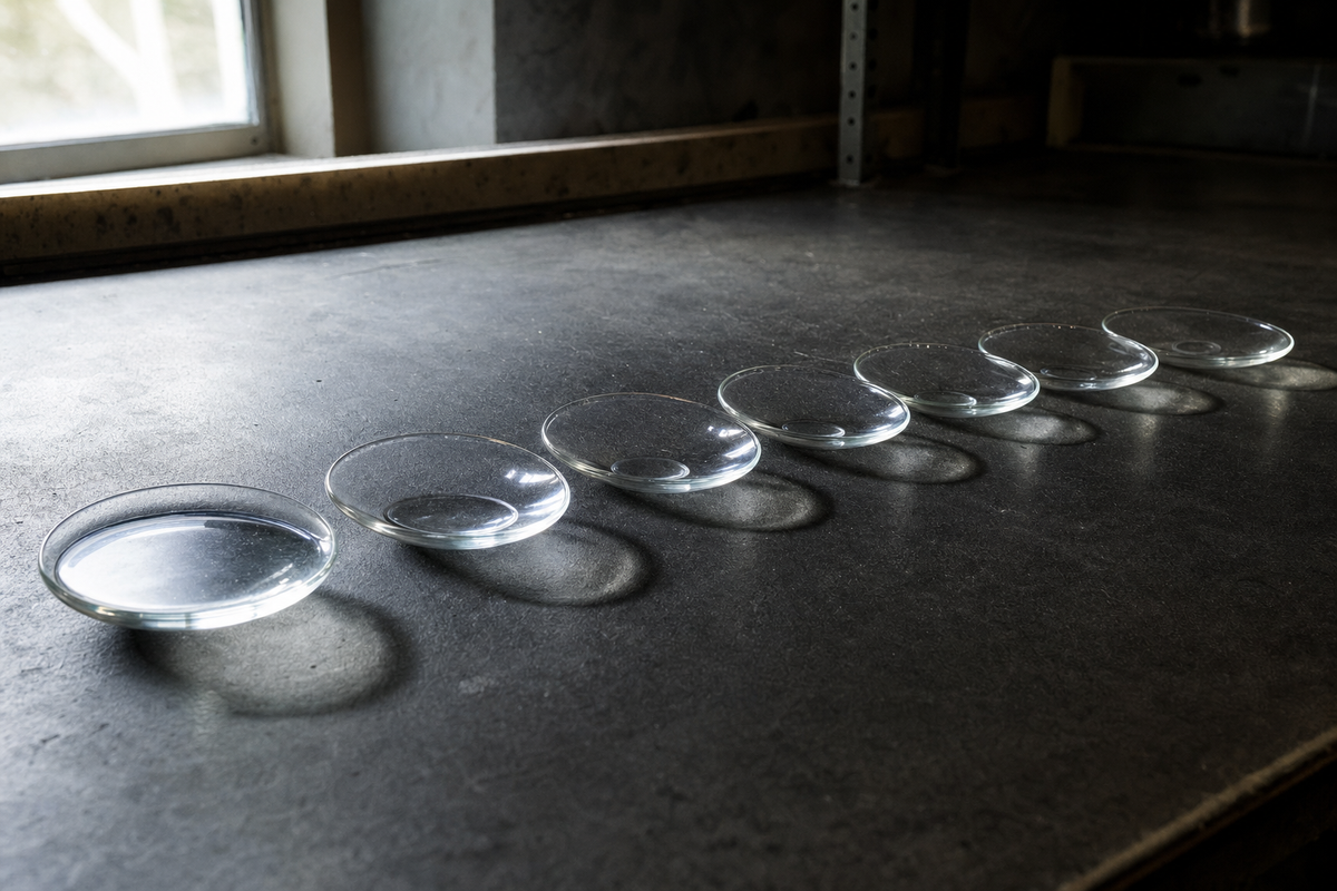 Seven identical unlabeled glass dishes in a row on a dark laboratory bench, each holding progressively less clear solvent, illustrating a relative evaporation rate scale.