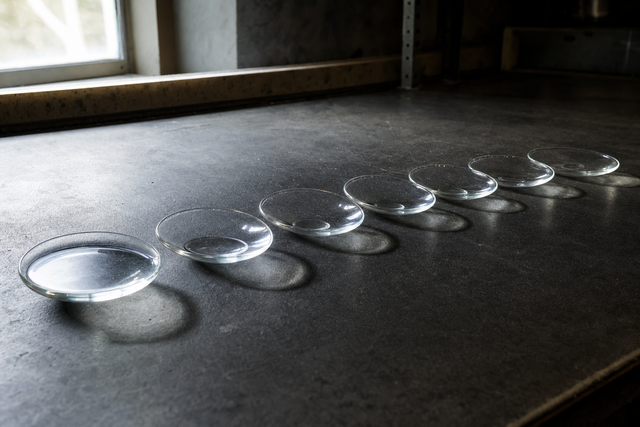 Seven identical unlabeled glass dishes in a row on a dark laboratory bench, each holding progressively less clear solvent, illustrating a relative evaporation rate scale.
