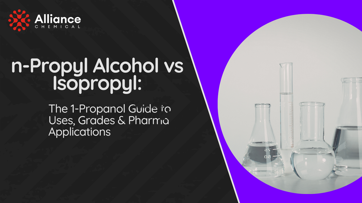 n-Propyl Alcohol vs Isopropyl Alcohol — the 1-propanol guide to uses, grades, and pharmaceutical applications, with Alliance Chemical branding.