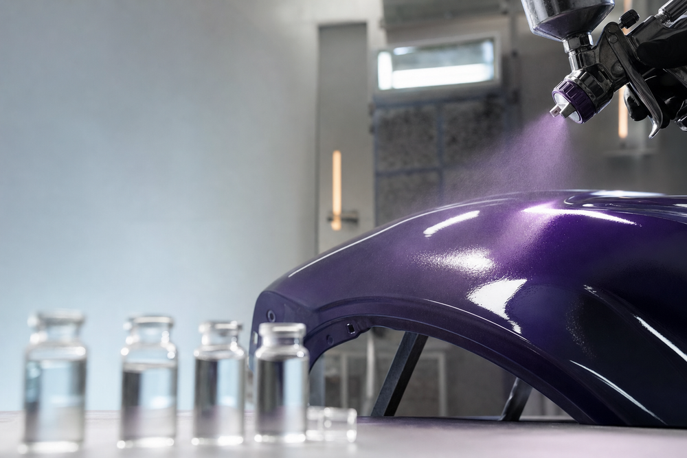 A spray gun applying a glossy deep-purple lacquer coat to a curved automotive panel, with four clear glass sample vials of n-butanol blurred in the foreground, representing the solvent's role in coatings and finishing.