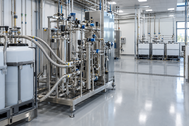 A stainless steel solvent transfer skid with valves and braided lines inside a clean semiconductor chemical handling facility