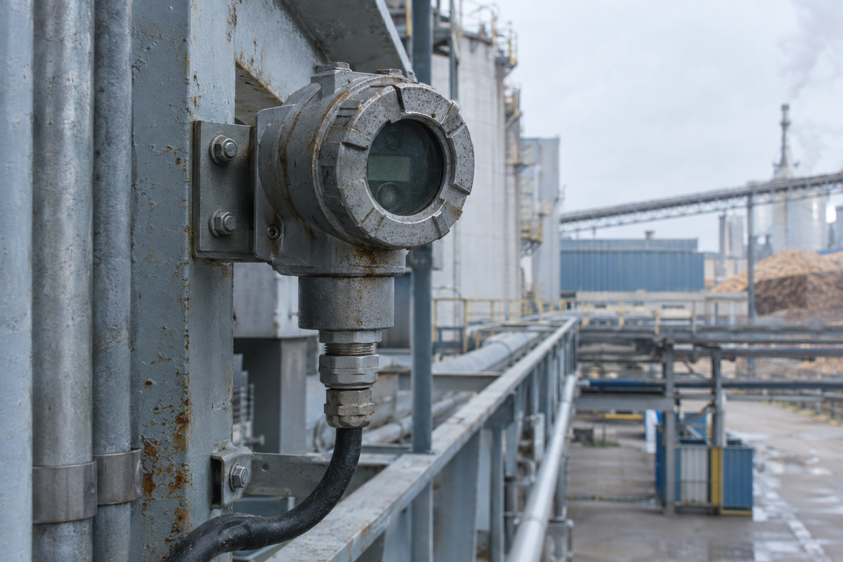 Industrial sensor housing mounted on process piping at an outdoor plant