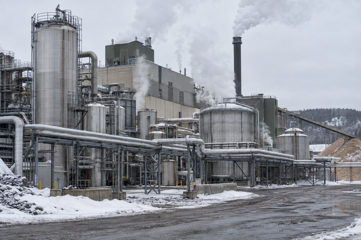 A kraft wood pulp mill on an overcast winter morning, steam rising from process vents above insulated pipework and snow on the ground