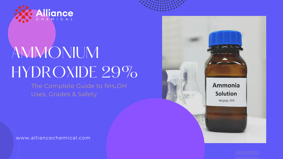 Ammonium Hydroxide 29% — The Complete Guide to NH₄OH Uses, Grades & Safety. Alliance Chemical brand hero with amber laboratory bottle of ammonia solution.