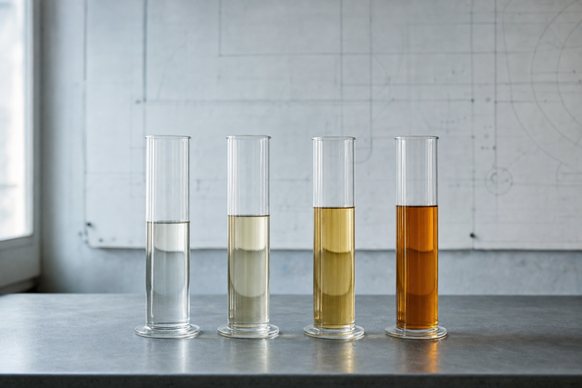 Four borosilicate cylinders on a laboratory bench holding progressively deeper shades of amber nitric acid, showing the concentration ladder from dilute to concentrated.