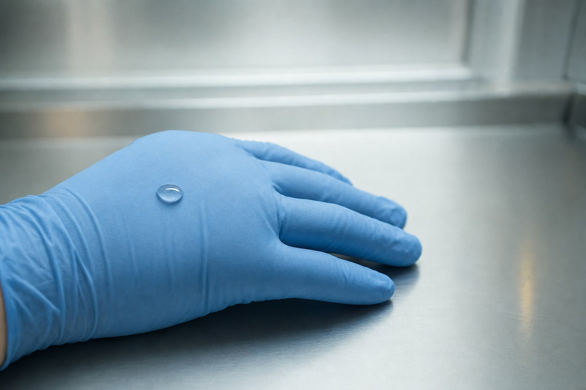 A single bead of clear solvent resting on the back of an intact blue disposable glove on a stainless steel lab bench