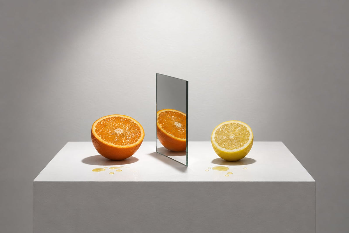Gallery still life of a halved orange and a halved lemon on a white plinth either side of a standing mirror, the orange reflected in the glass