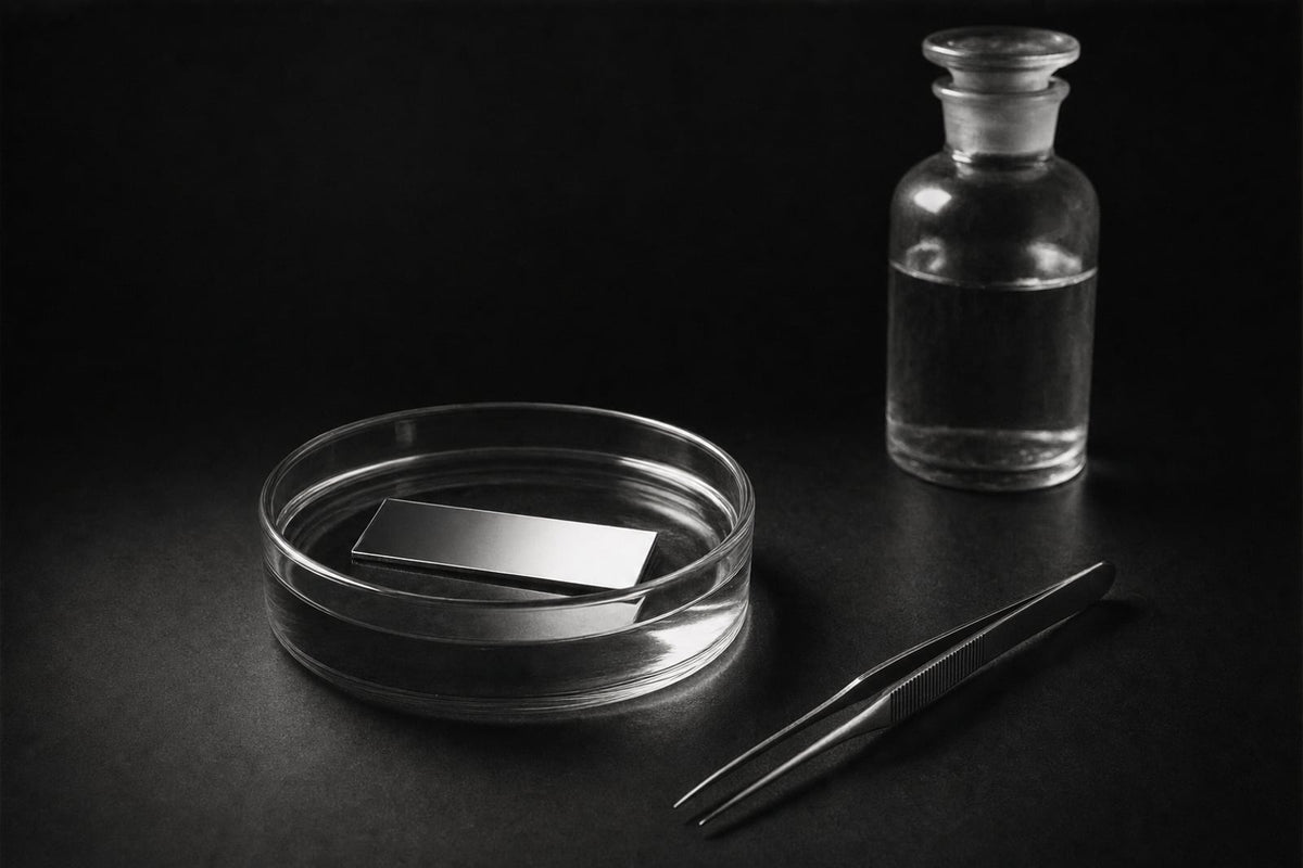 Black-and-white still life of a metal-coated glass slide resting in a shallow glass dish of clear solvent on a dark laboratory bench, with fine tweezers and a stoppered glass reagent bottle