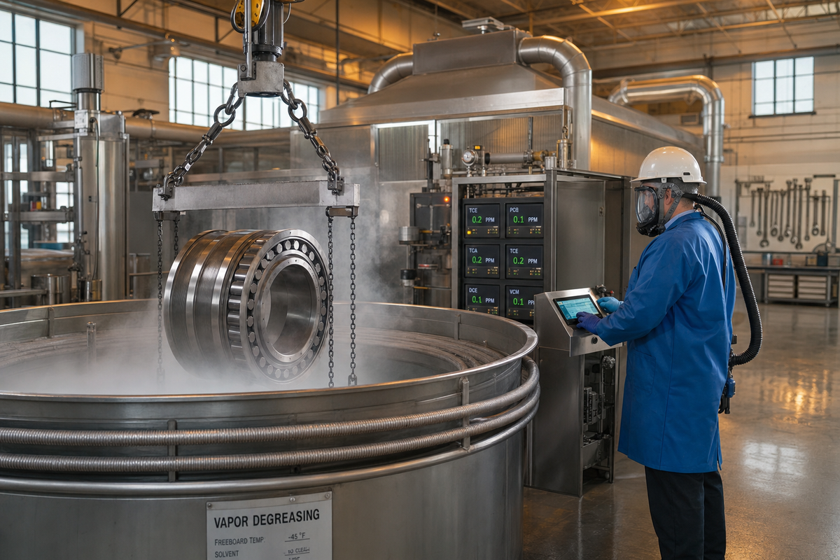 Industrial vapor-degreasing facility cleaning a precision aerospace bearing with PCE (perchloroethylene) — technician in supplied-air respirator monitors digital ppm exposure readings at the control panel.
