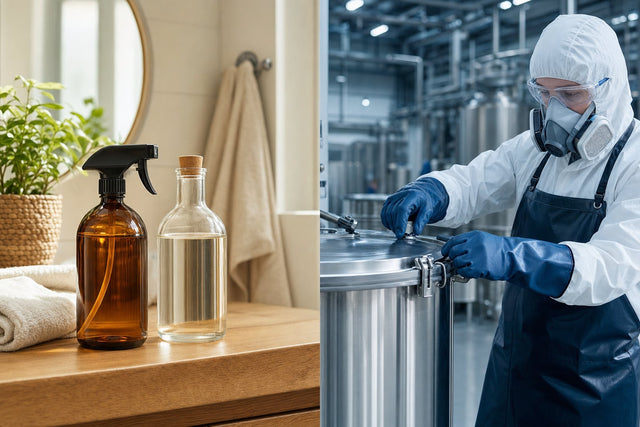 Split image: a home bathroom counter with a spray bottle and vinegar on one side, an industrial worker in protective gear handling a sealed drum on the other
