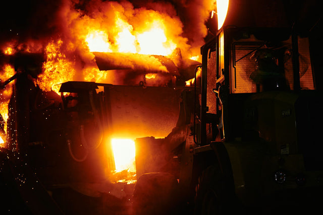 Intense night-time industrial fire with heavy machinery, flames and sparks illuminate the scene.