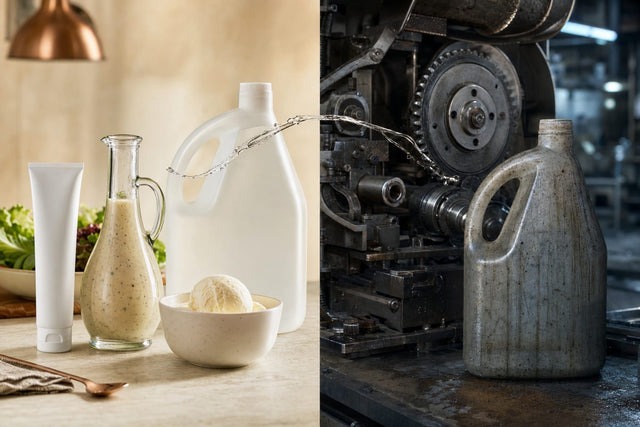 Split image contrasting food and cosmetic products with industrial machinery and industrial liquid containers