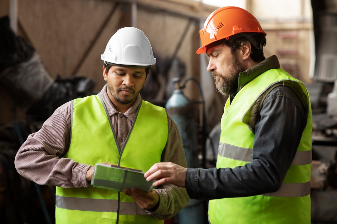 Two men wearing safety vests and hard hats