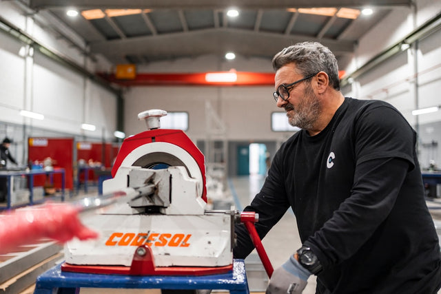 A man operates industrial machinery in a workshop.