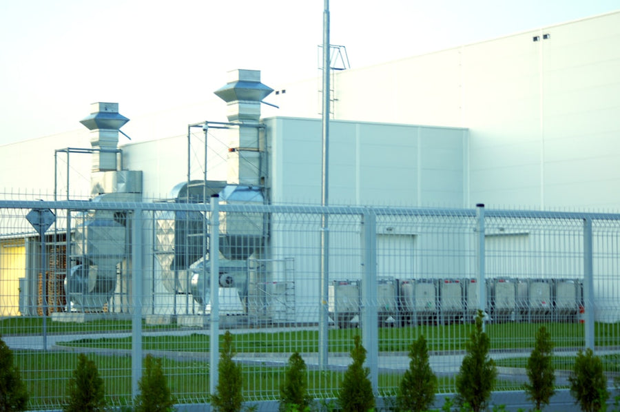 Industrial building with large ventilation units outside