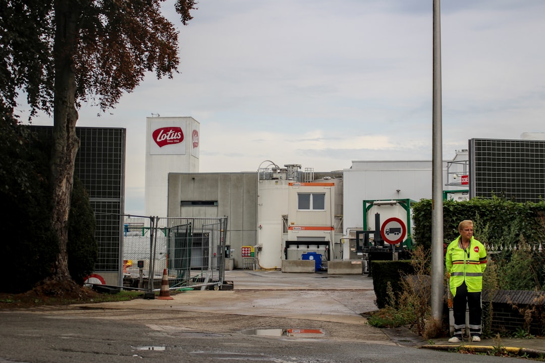 Industrial building with a security guard present