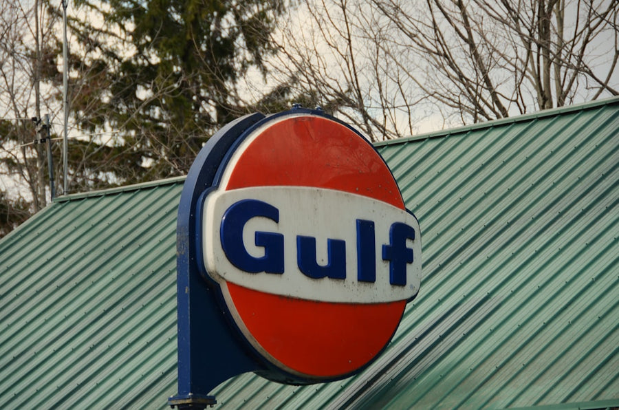 Gulf gas station sign on a green roof