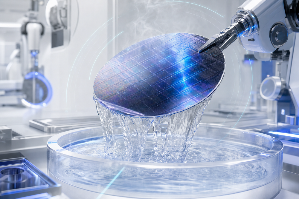 Robotic arm lifting an iridescent silicon photonic wafer from a rinse bath in a cleanroom