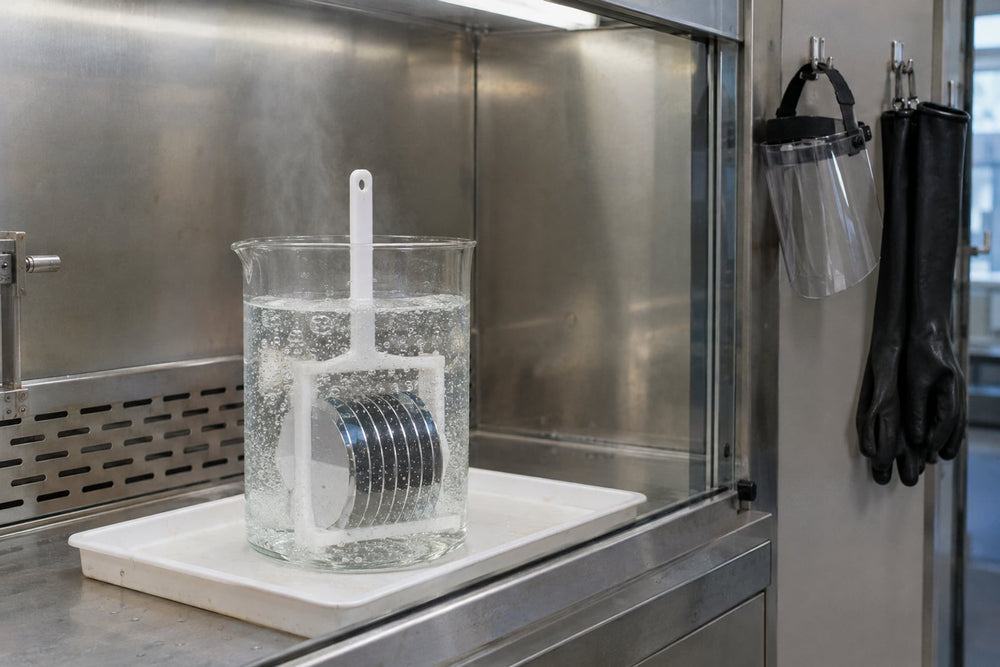 A borosilicate glass beaker of fizzing clear piranha solution in a stainless-steel fume hood, a white PTFE carrier of silicon wafers submerged in it, with a face shield and heavy black gloves hanging beside the hood
