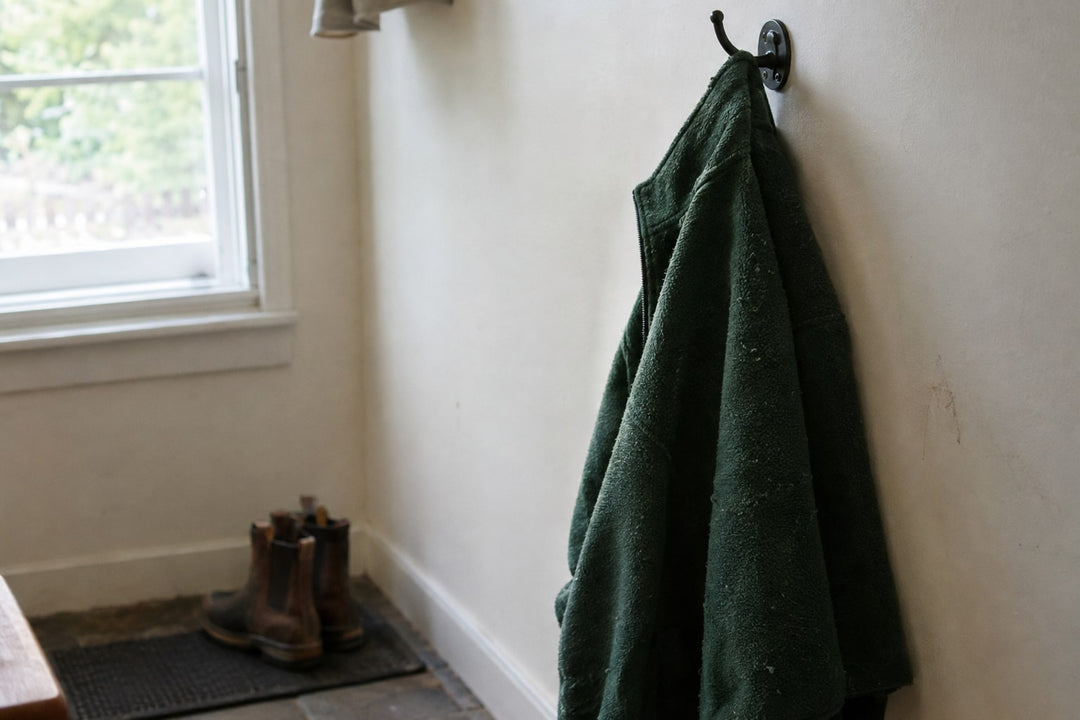 A worn green polyester fleece jacket hanging on an iron hook in a mudroom beside a window. About a third of a polyester fleece’s weight comes from ethylene glycol.