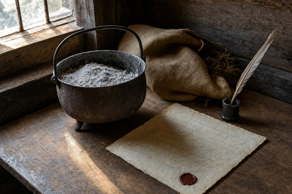 A late-18th-century wooden worktable holding an iron kettle of pale wood ash, a burlap sack and an aged sheet of parchment with a red wax seal, illustrating the potash-making process that earned the first United States patent in 1790.