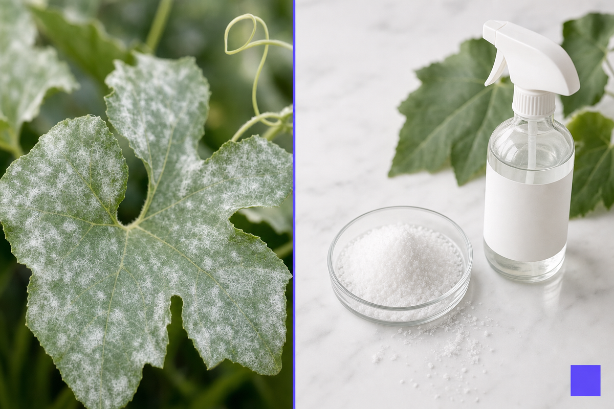 Powdery mildew fungal coating on a squash leaf next to a dish of white crystalline potassium bicarbonate powder and a spray bottle, illustrating the organic fungicide chemistry
