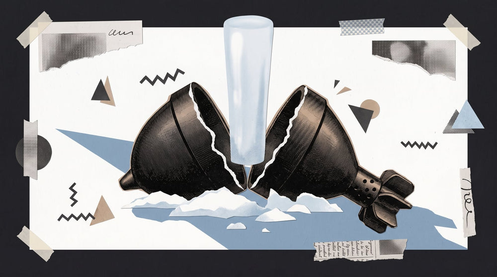 Paper-collage illustration of a split cast-iron mortar shell with a column of solid ice standing out of the crack, from the 1784 Quebec freezing-water experiments.