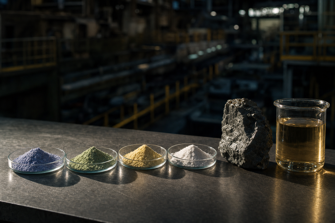 A row of glass dishes holding pale blue-violet, light green, pale yellow, and white rare-earth oxide powders beside a chunk of dark ore and a beaker of amber acid in an industrial processing plant.